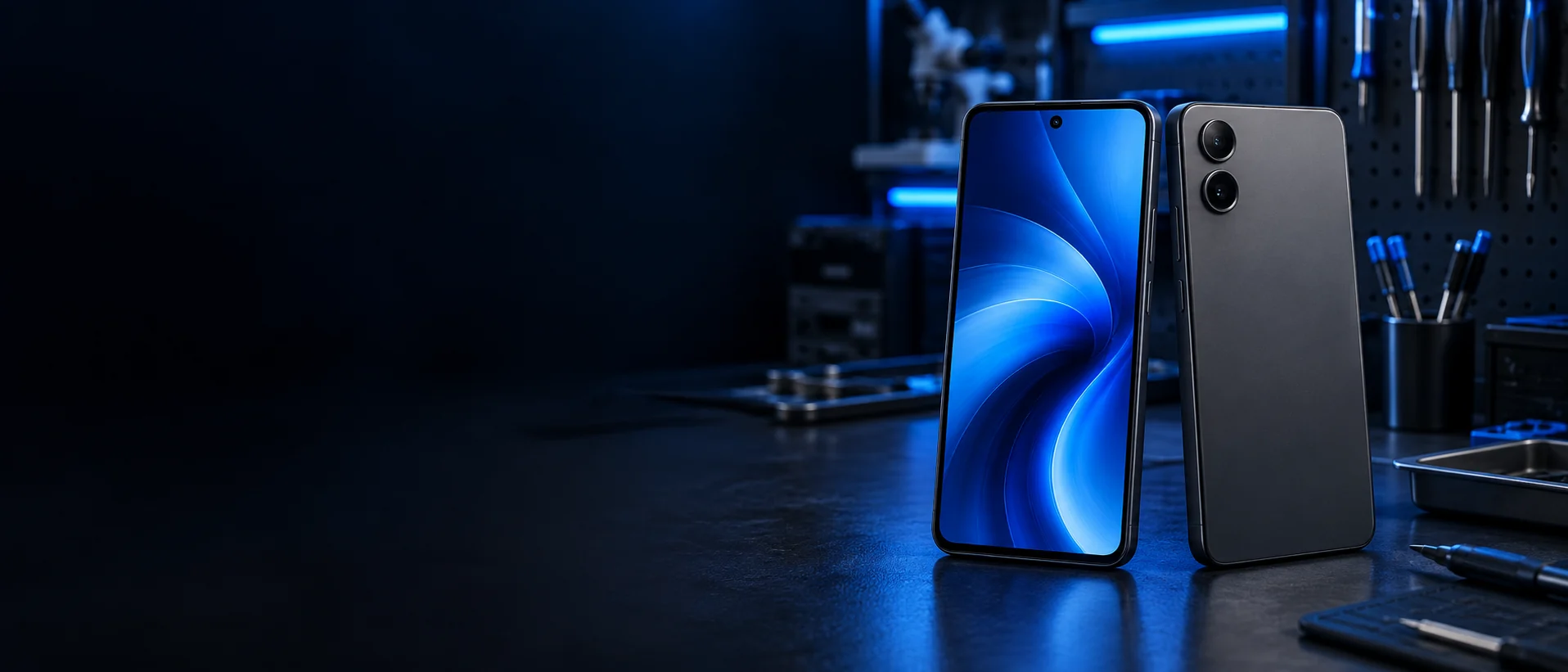 Unbranded phones in a blue workshop